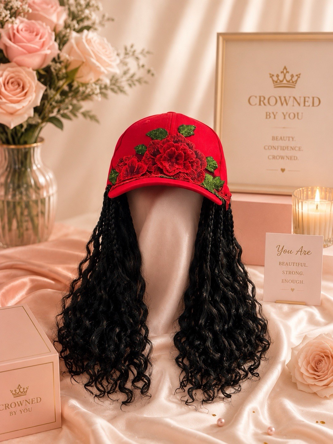 Crowned By You Black Synthetic Curly Hat Wig Cap, Women’s One Size 21-30″