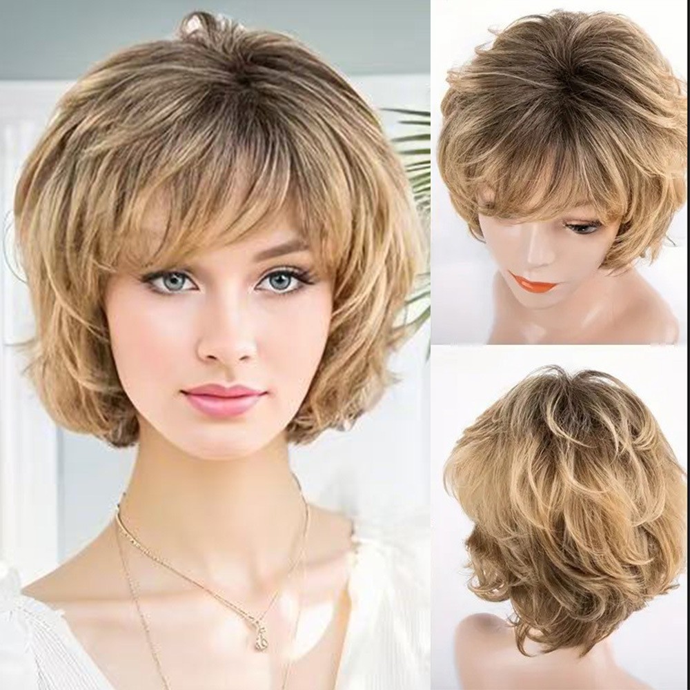 Wavy Short Fluffy Rooted Blonde Mix Synthetic Hair Wigs Women Soft Natural Daily