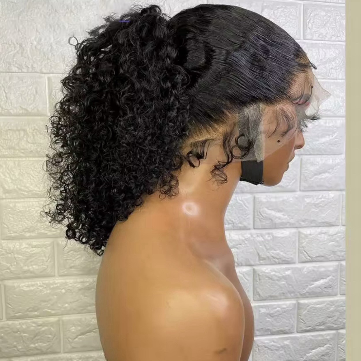 Human Hair Lace Front Wig Curly Black 26in Free-Part One Size Adjustable Strap