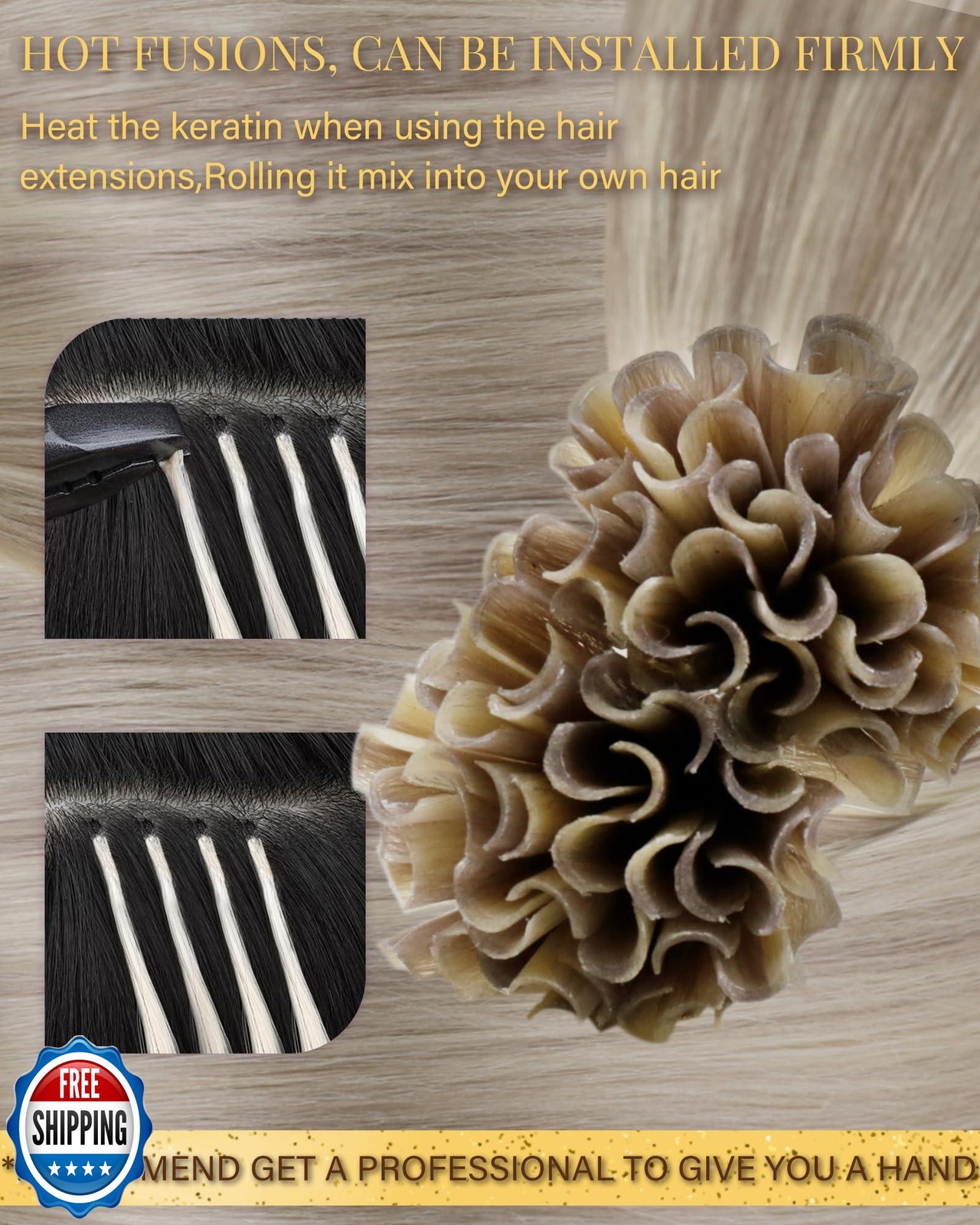 Hetto K Tip Hair Extensions Real Human Hair Ash Blonde with Bleach Blonde K T