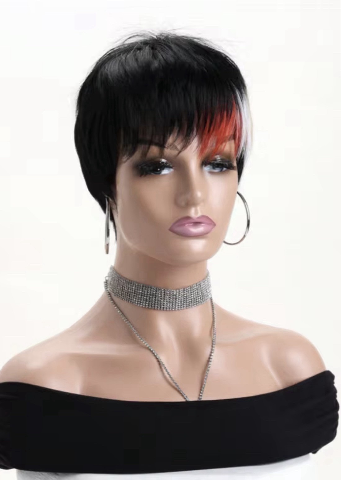 Women Straight Pixie Wig 10in Black With Blonde & Red Highlights Colored