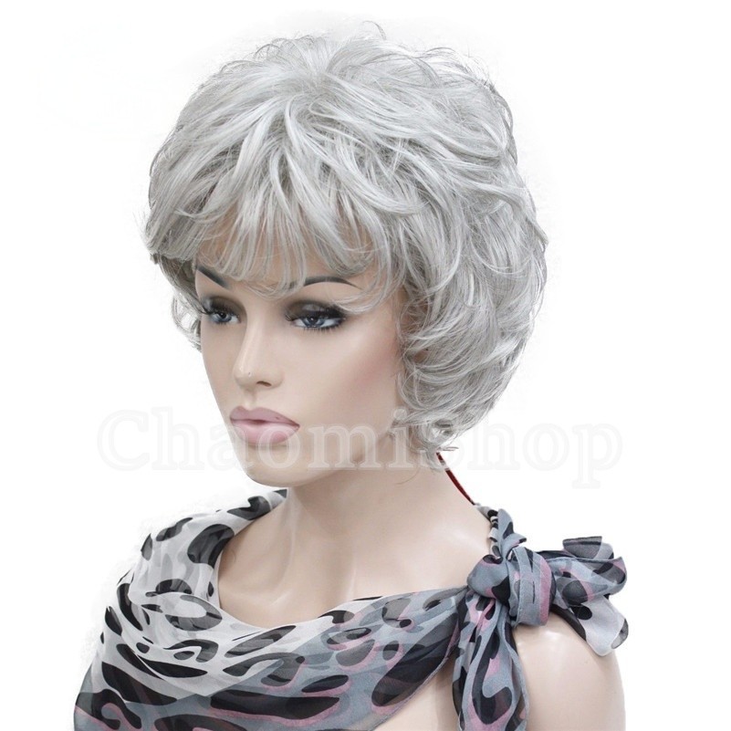 Women’s Wig Short Black Brown Grey Mix Curly Wave Ladies Daily Hair Wigs