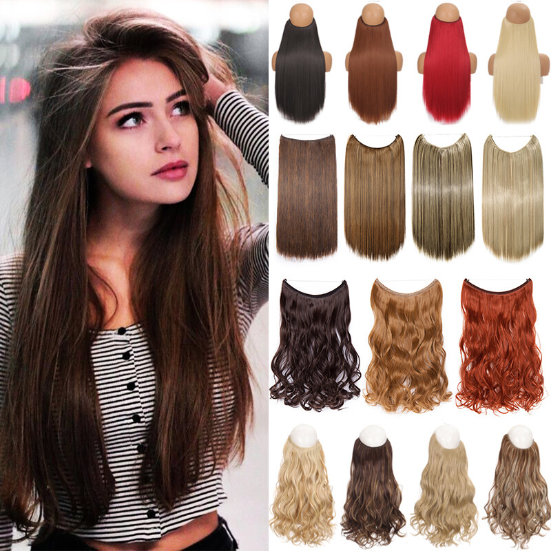 US Long Wire In Hair Extension One Piece Invisible Real Natural Fake Hairpieces