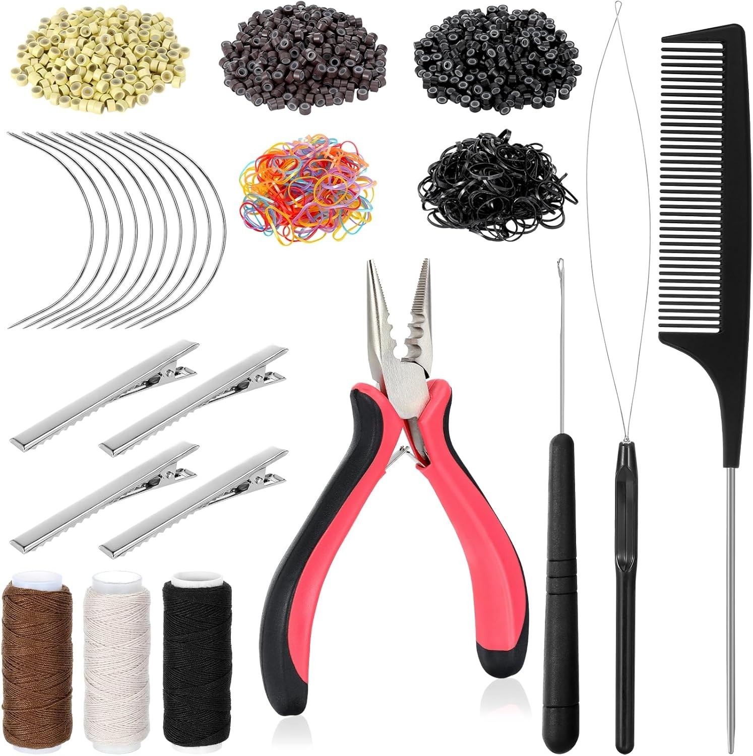 Hair Extension Tools Kit, 600 Silicone Lined Micro Rings, 1 Plier, 2 Hook Nee…