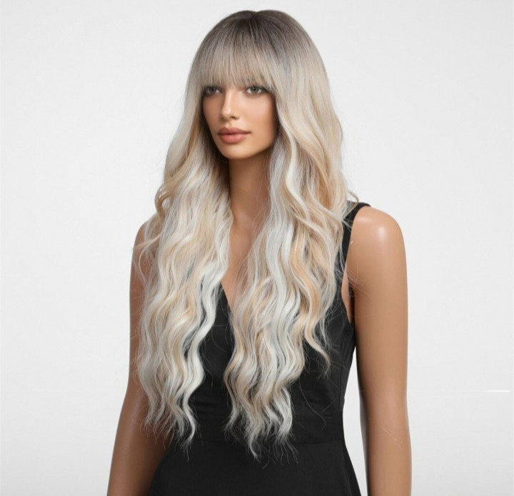Ombre Blonde Wigs with Bangs,Long Curly Wig for Women,Blonde Long Wavy Wig Synth