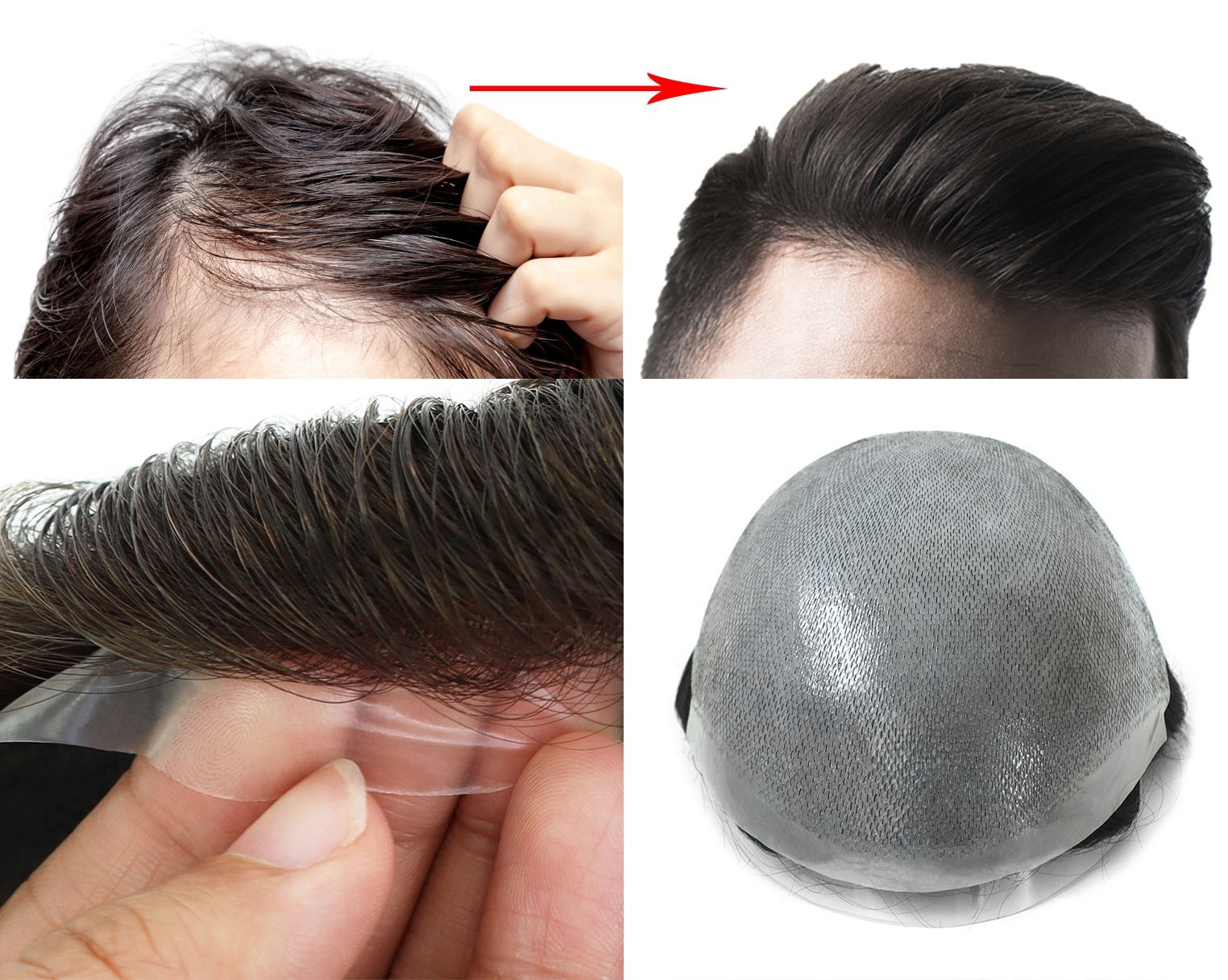 Mens Toupee Thin Skin Human Hair Replecement 8-10mm System Hairpieces Grey Hair