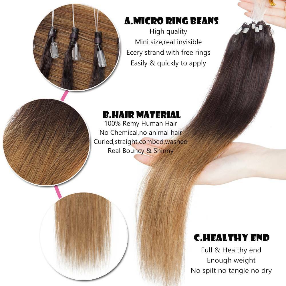 1G Micro Beans Link Loop Ring Human Hair Extensions 100% Full Head Highlight 300