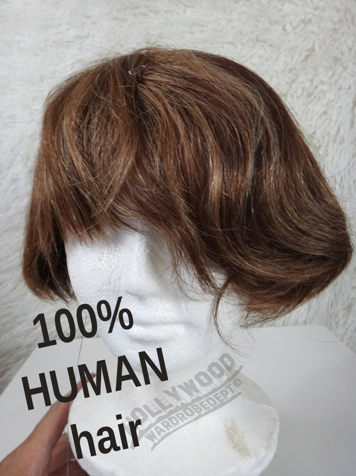 100% HUMAN Hair full wig medium Brown emo short asymmetrical wavy comb forward
