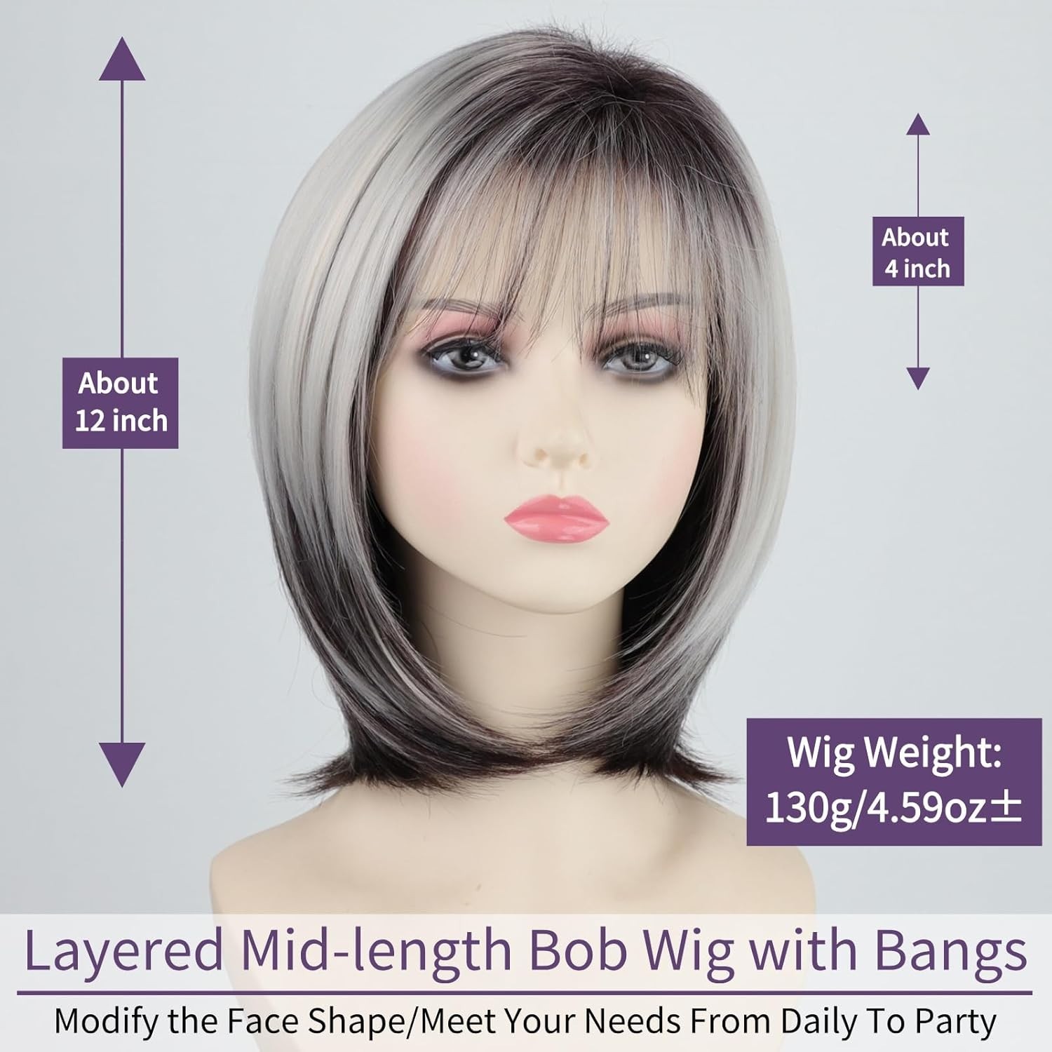 14″ Platinum with Brown Straight Bob Wig for Women Daily 167E418560