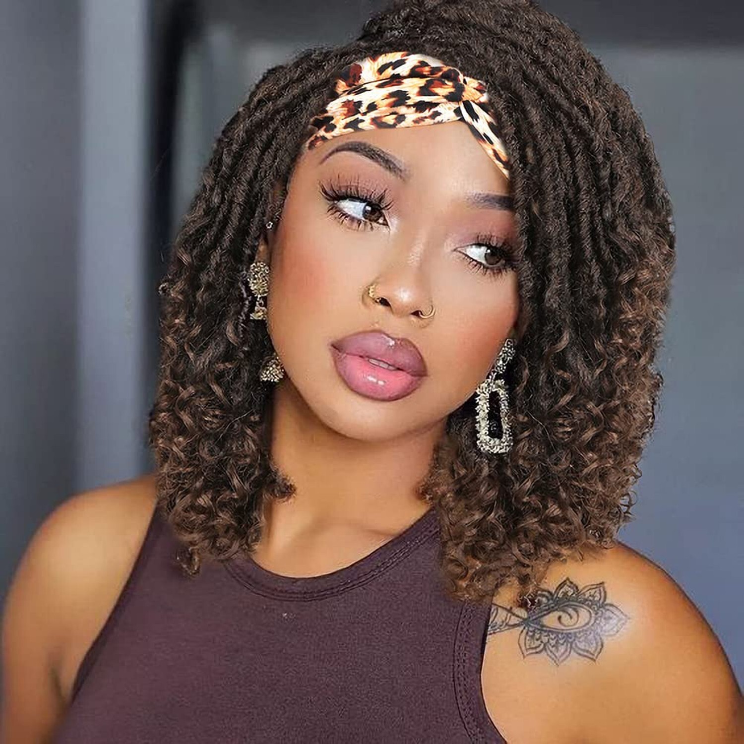 WIGER Short Dreadlock Wigs for Black Women Ombre Brown Faux Locs Headband Wig…