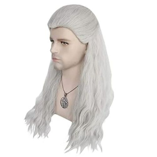 Anogol Hair Cap Silver White Wig Cosplay for Men Wavy for Halloween with Chain