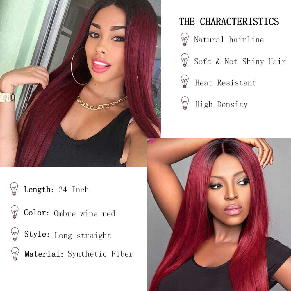 Long Straight Soft Hair Ombre Burgundy Synthetic Lace Front Wigs Heat Resistant