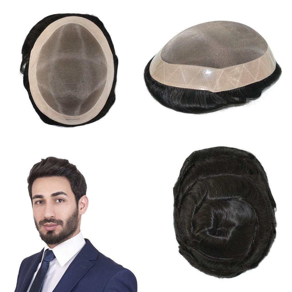 Mens Human Hair Replacement System Durable Fine Mono Poly Skin Toupee Hairpiece