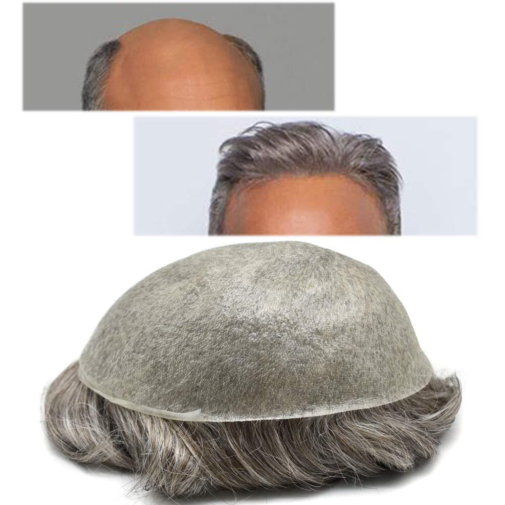 Thin Skin V-Loop Mens Toupee Hairpiece 0.06-0.08mm Poly PU Gray Hair Replacement