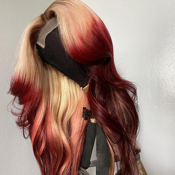 Long Body Wave Lace Front Wig Ombre Blonde to Burgundy Red Synthetic Wigs US