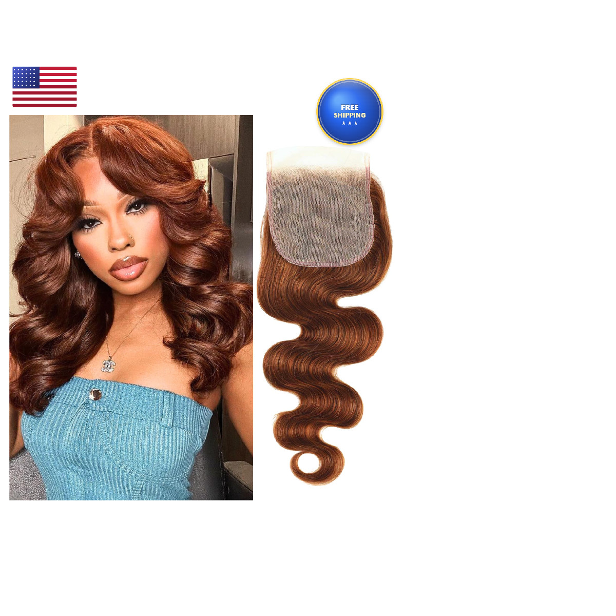 Alher 33 Reddish Brown Body Wave 4X4 Lace Closure 12A Copper Brown Colored 4X4