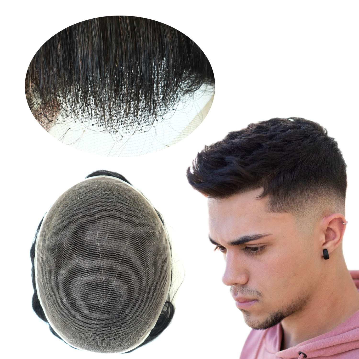 Natural Mens Toupee Hair Replacement System French Lace Toupee Hairpiece #1B