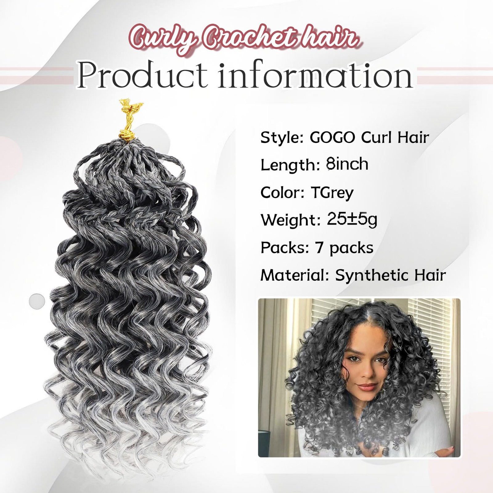 7 Packs Gogo Curl Grey Crochet Hair for 8 Inch Pre-Twisted Curly Crochet Hair…