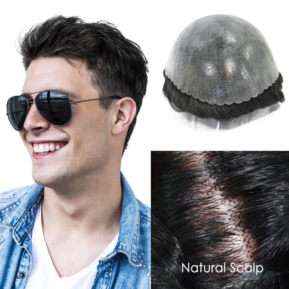 Mens Toupee Human Hair System Replacement Full Poly Skin Injected PU Wig for Men