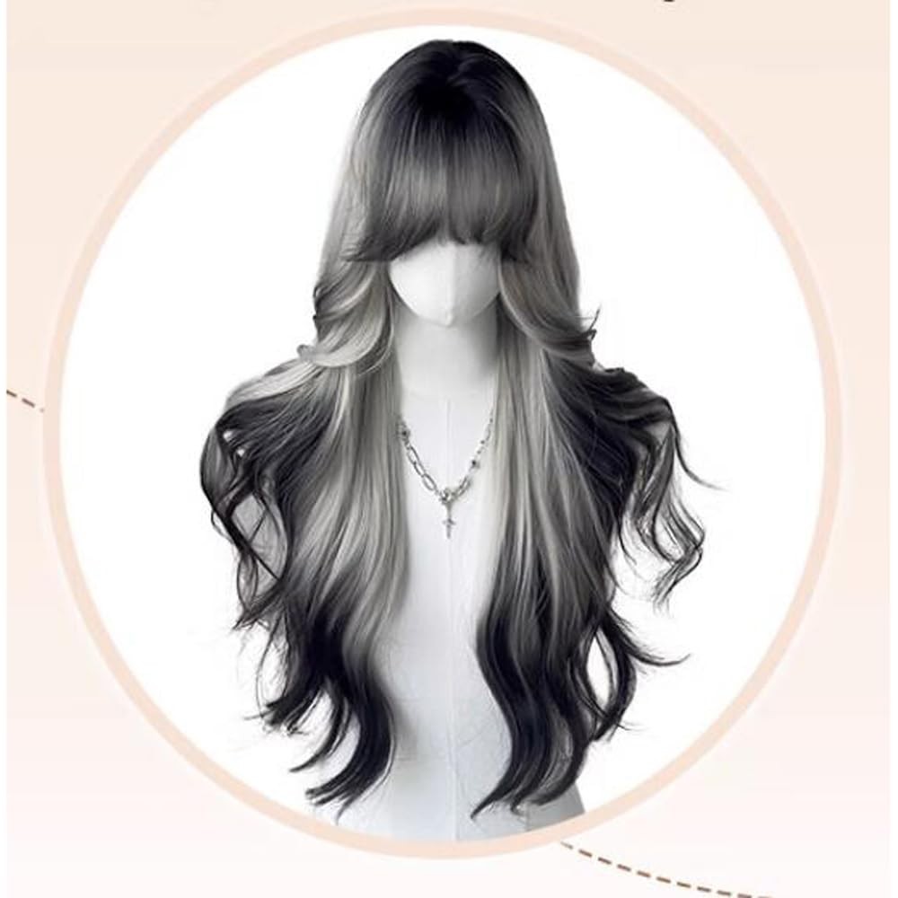 Black White Ombre Long Wavy Wig for Women Lolita Synthetic Curly Hair Wig wit…