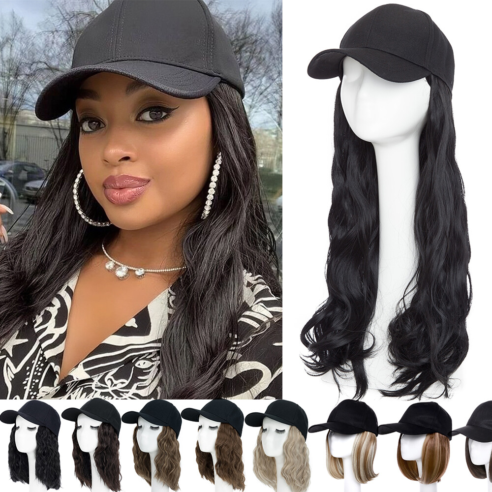 Cap with Hair Attached For Women Wigs Hat Hair Short Bob Wavy Straight Style US