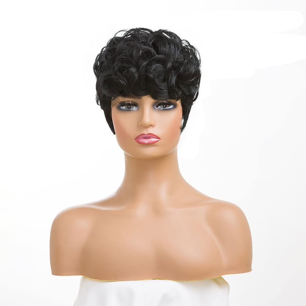 6″ Short Pixie Wigs Black Women Short Black Curly Pixie Synthetic Hair Wigs