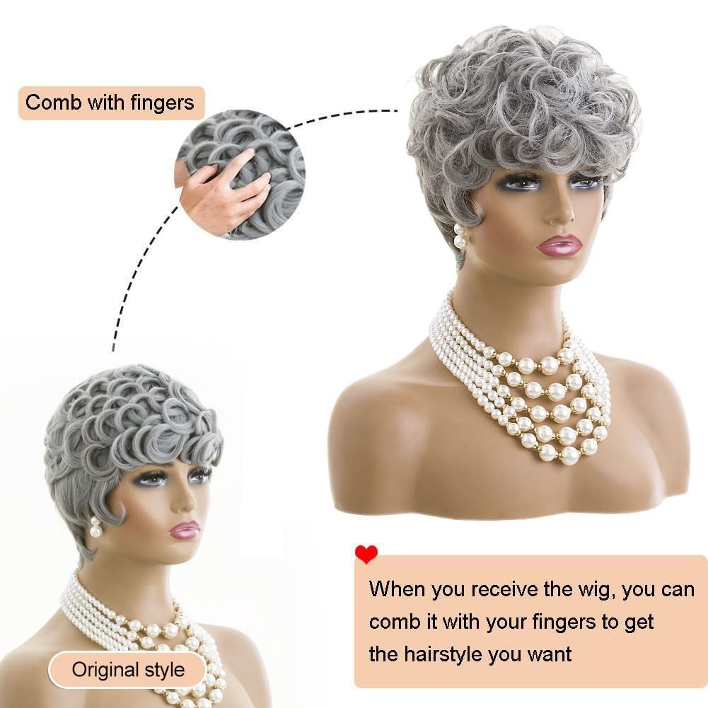 Chic Grey Pixie Wig for Women, Short Curly Style with Accessories Included