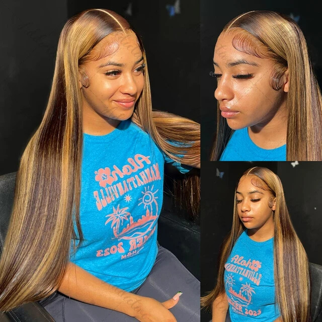 30 40 Inch 4/27 Highlight Ombre Straight 13×4 HD Lace Front Human Hair Wig Bone