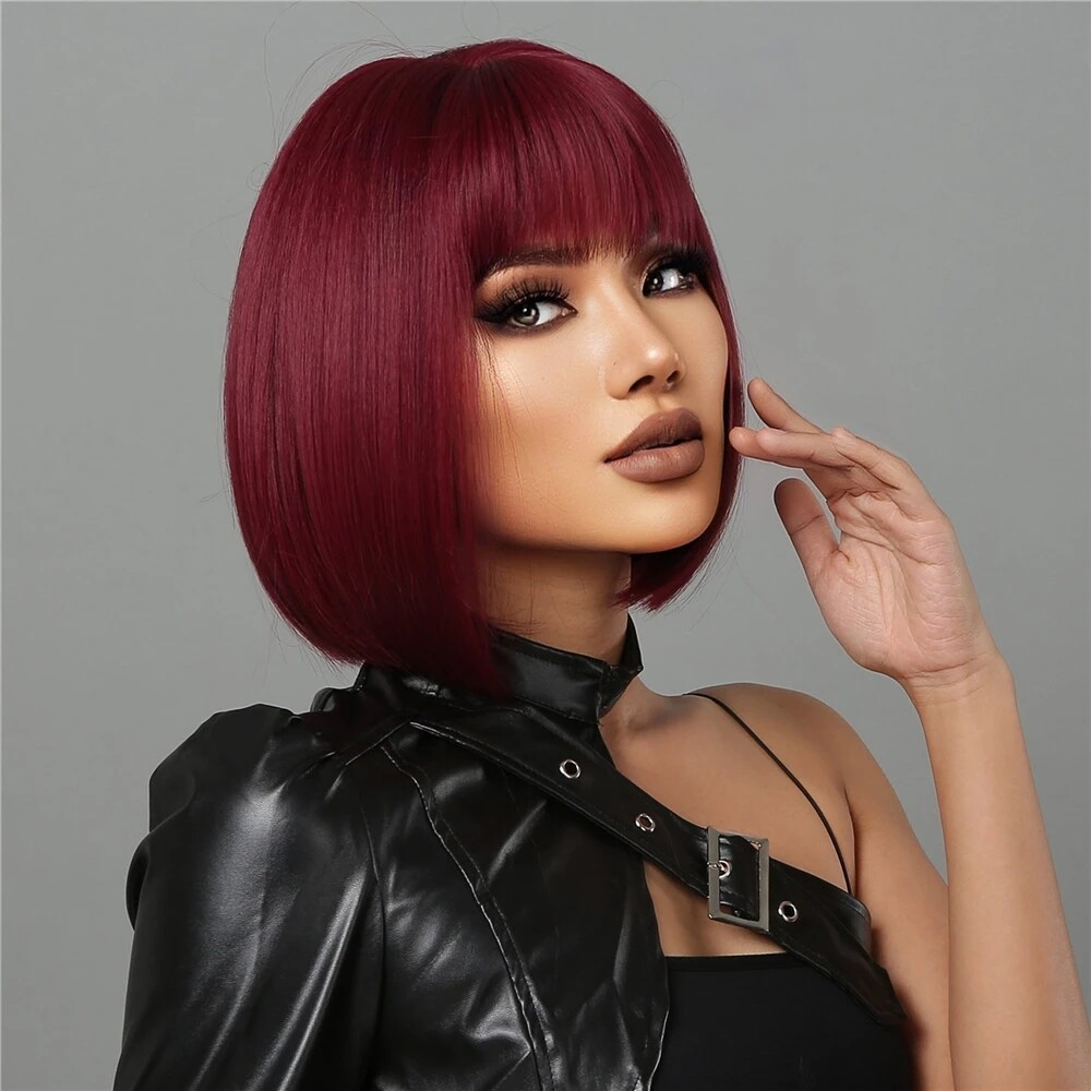 Women Short Synthetic Wigs with Bangs Wine Red Color Natural Bob Straight Wigs