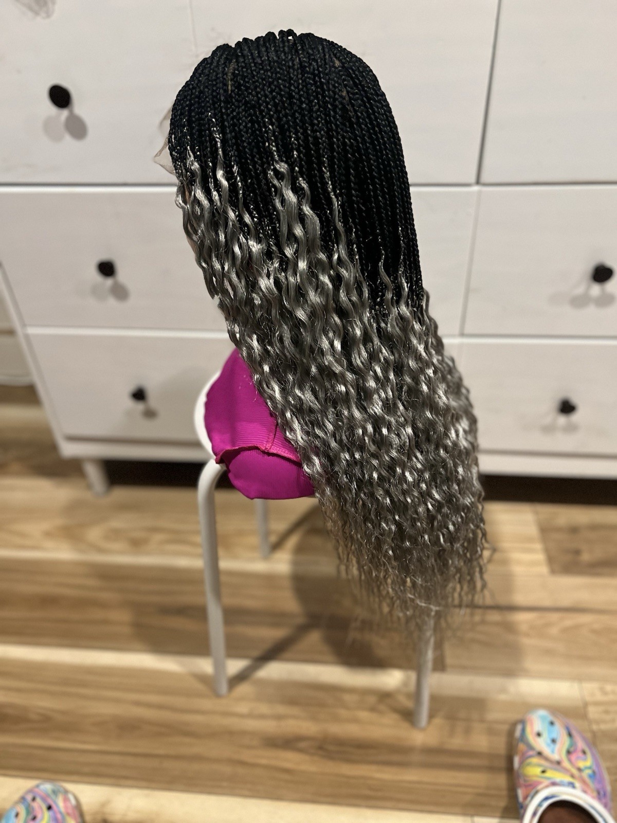 Braided water wave wig made on a full lace wig.length is 24” Black & Gray Wig