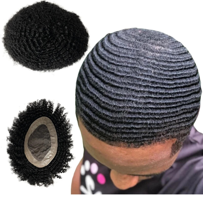 Virgin Human Hair Toupee #1b Black 6mm Wave 8×10 Mono Lace for Black Men