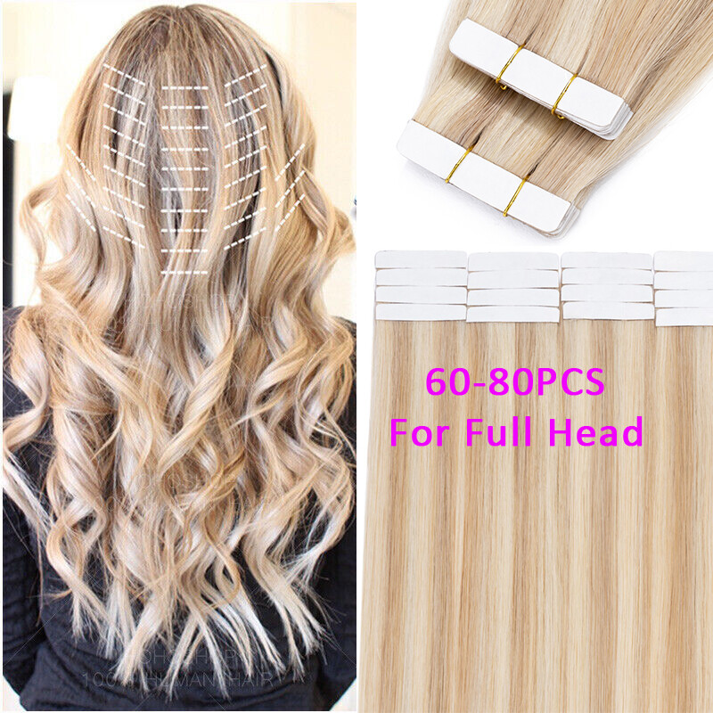 10-80PCS Invisible Tape In Skin Weft Remy Human Hair Extensions Full Head Ombre
