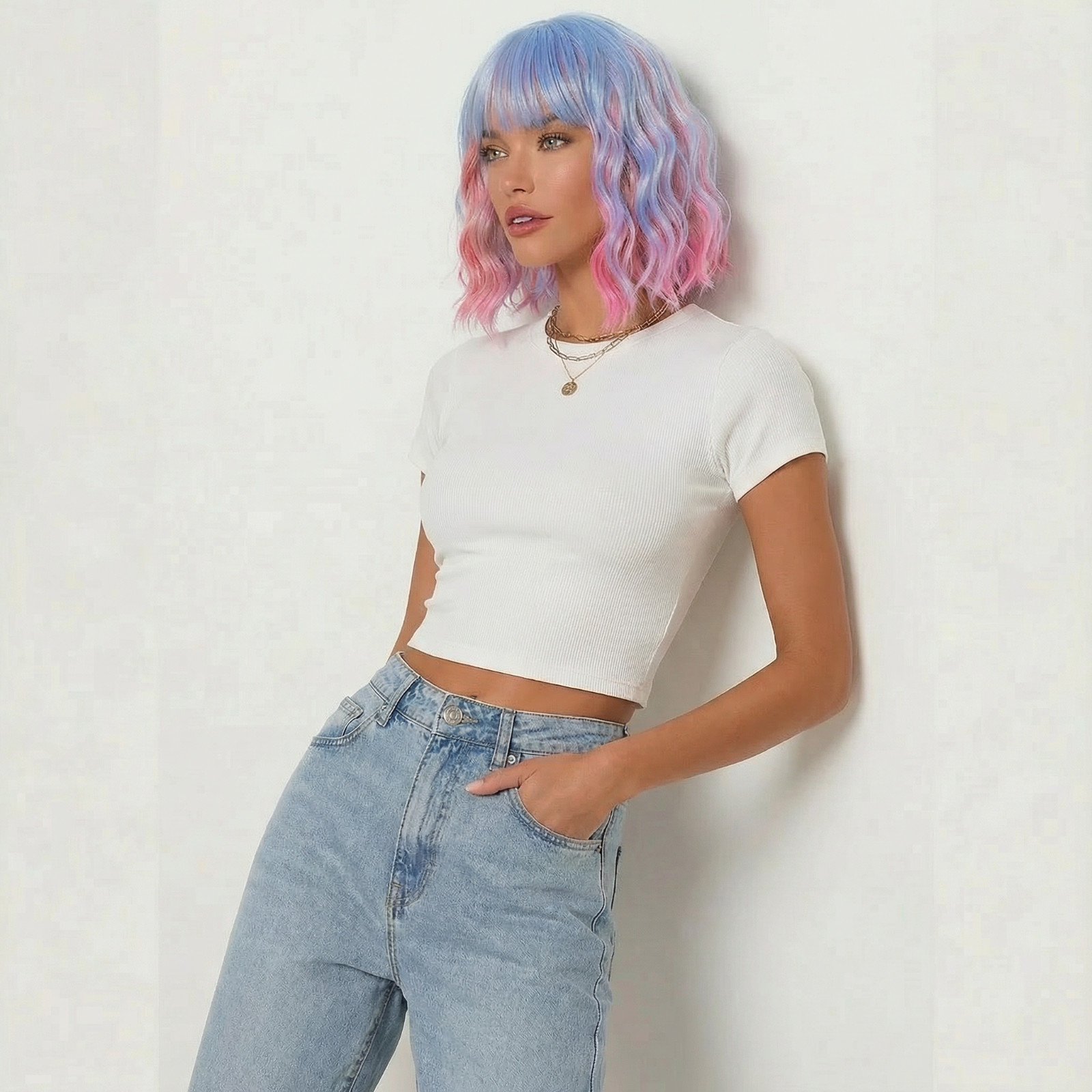 Pastel Rainbow Bodywave Wig with Bangs, 14 Inch Costume Cosplay Wig