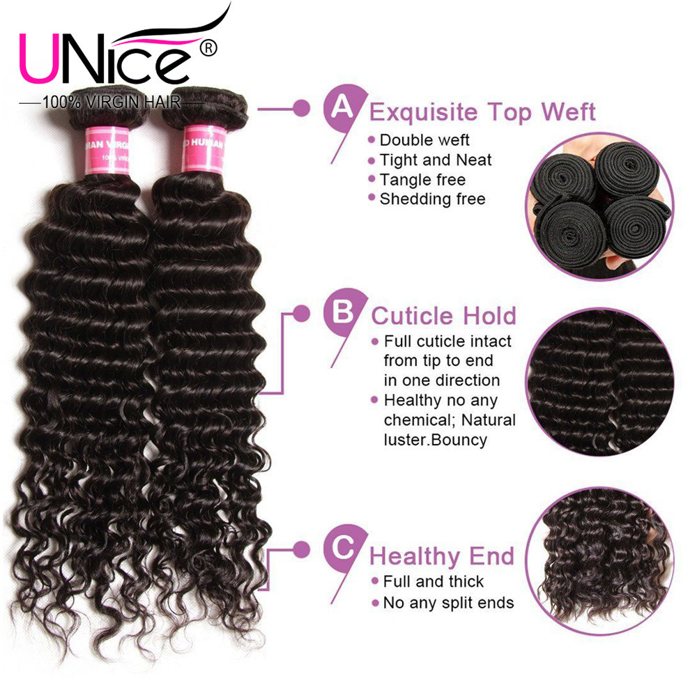 UNice Brazilian Deep Curly Wave 3 Bundles Human Hair Weave Virgin Hair Extension