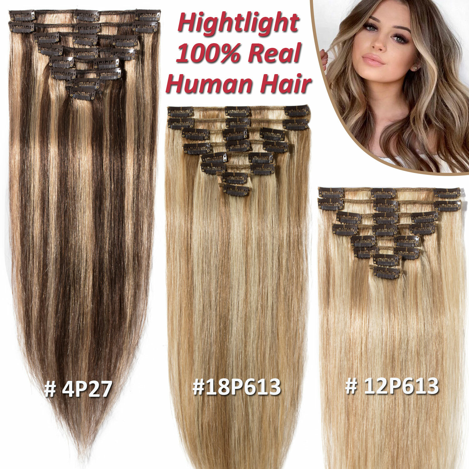 100% Real Russian Clip in Remy Human Hair Extensions 8 Pieces Full Head Blonde