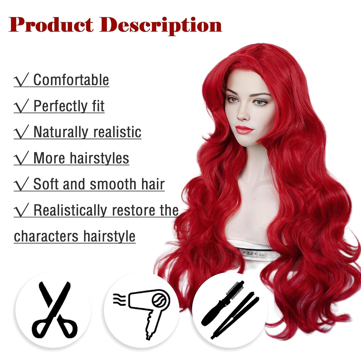 Red Mermaid Wigs for Woman with Starfish Hair Clips, Adult Curly Long Hair Daily