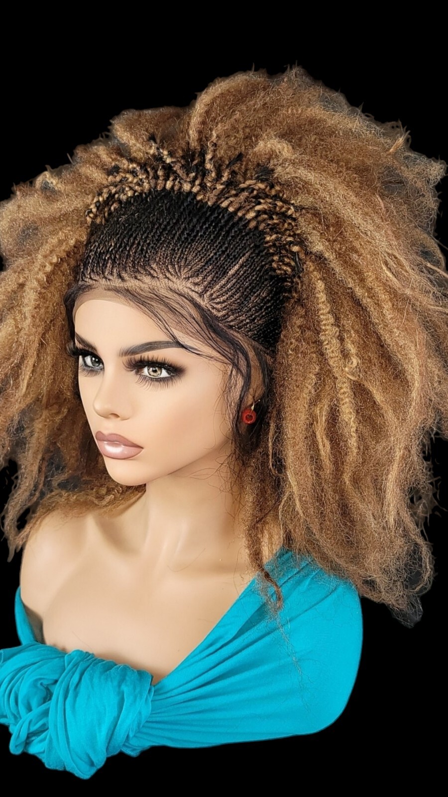 Braided Wig Short Afro Kinky Curly Auburn Brown Lace Front Glueless Baby Hair 6″