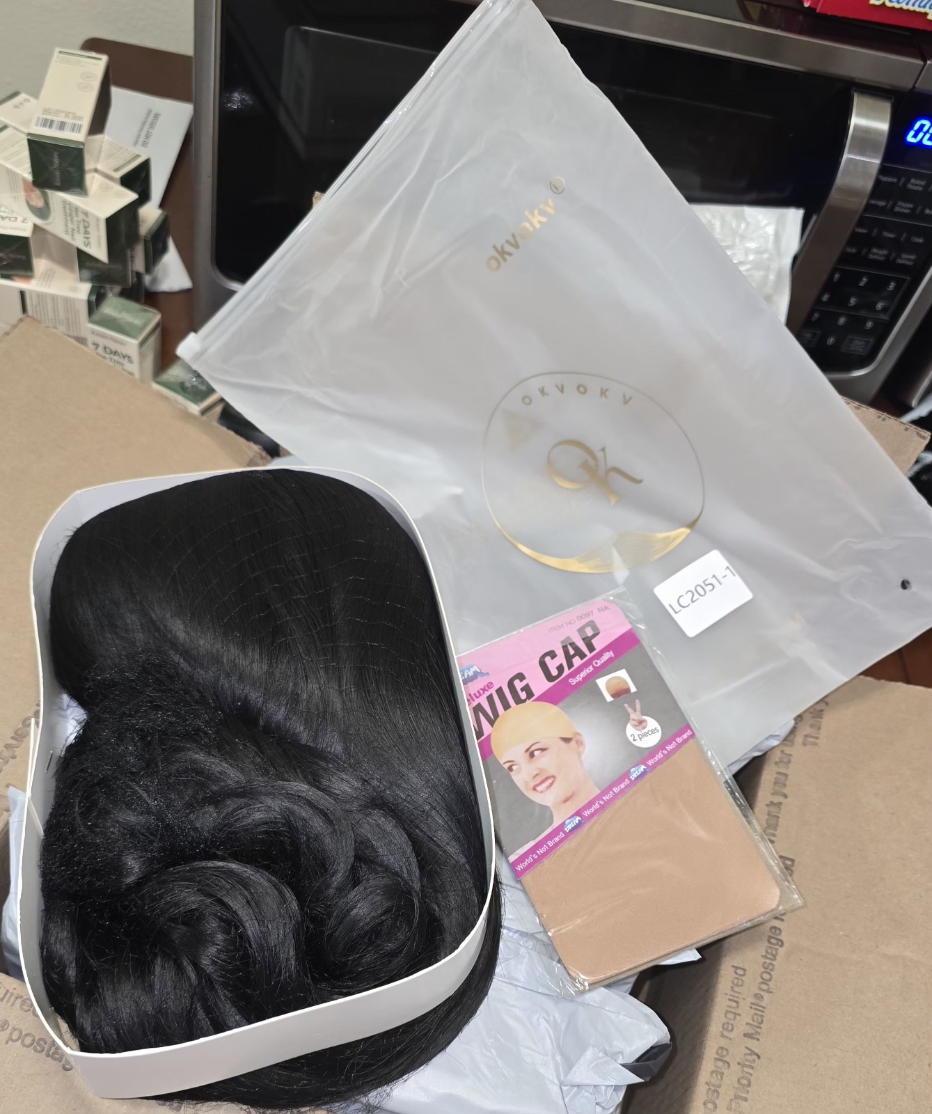 OKVOKV Synthetic Wavy Wig Heat-Resistant with Wig Cap Black Brown Ombre