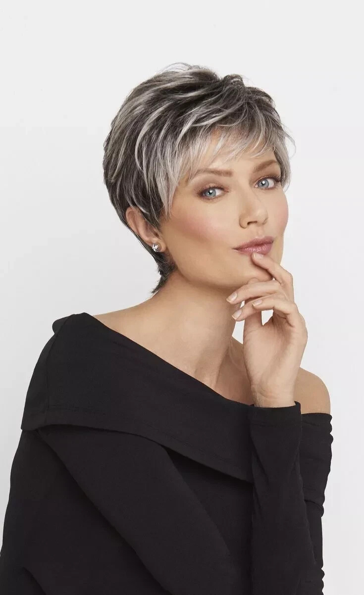 Short Pixie Cut Wigs with Bangs for Women Black with Gray Mix Synthetic Hair Wig