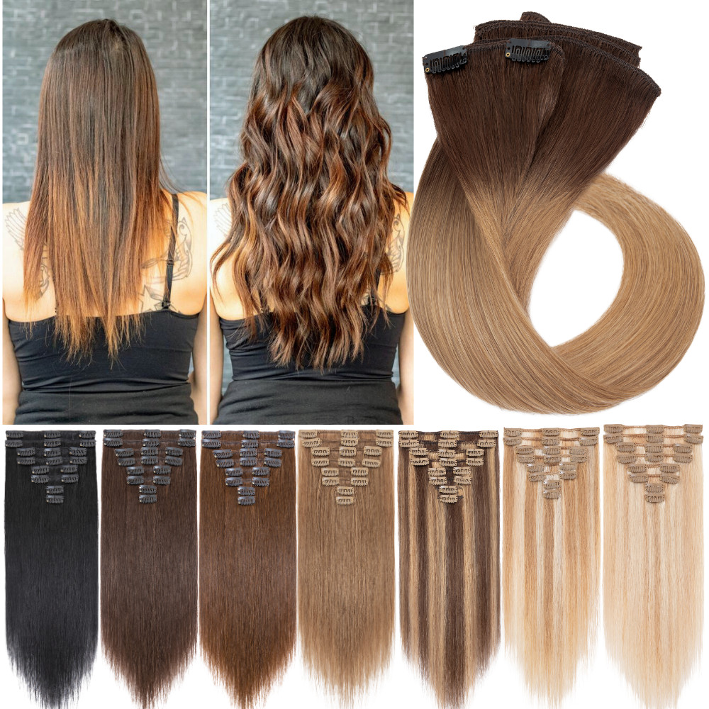 CLEARANCE Hair Extensions Clip In Full Head 100% Real Remy Human Hair Ombre Soft