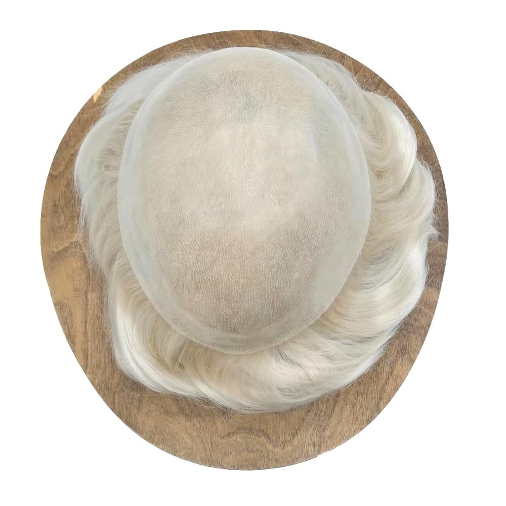 Mens Toupee Human Hair Systems Full Poly Thin Skin Hair Piece Replacement 0.1MM