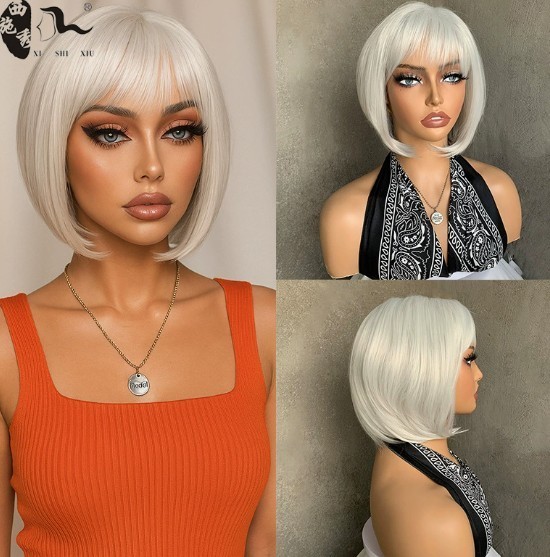 2026 Women Silver White Blonde Wig Short Straight Hair Synthetic Cos Hair Wigs