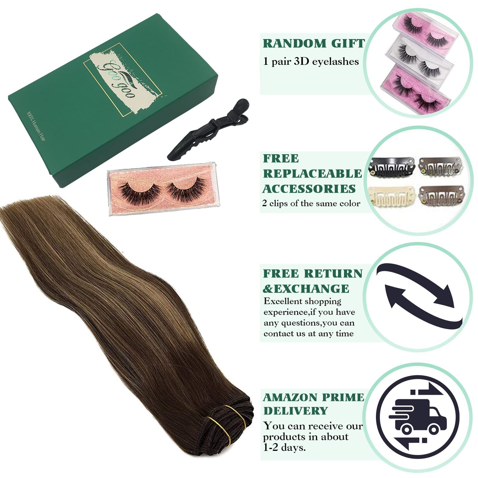 GOO GOO Clip-in Hair Extensions for Women, Soft & Natural, Handmade Real Huma…