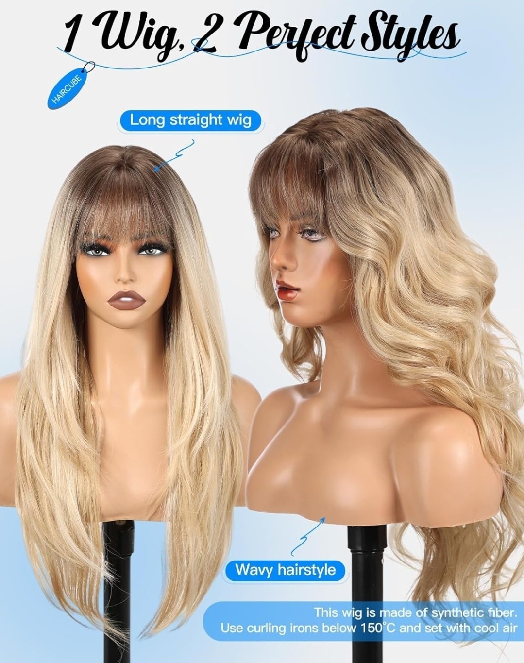 Long Ash Blonde Ombre Full Wig Human Hair blend layers bangs Free Part