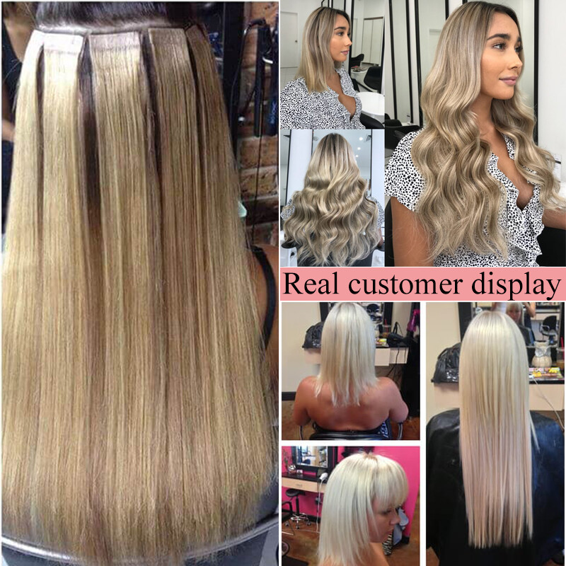 Traceless Russian Tape In Remy Human Hair Extensions Skin Weft FuLL Head Ombre#