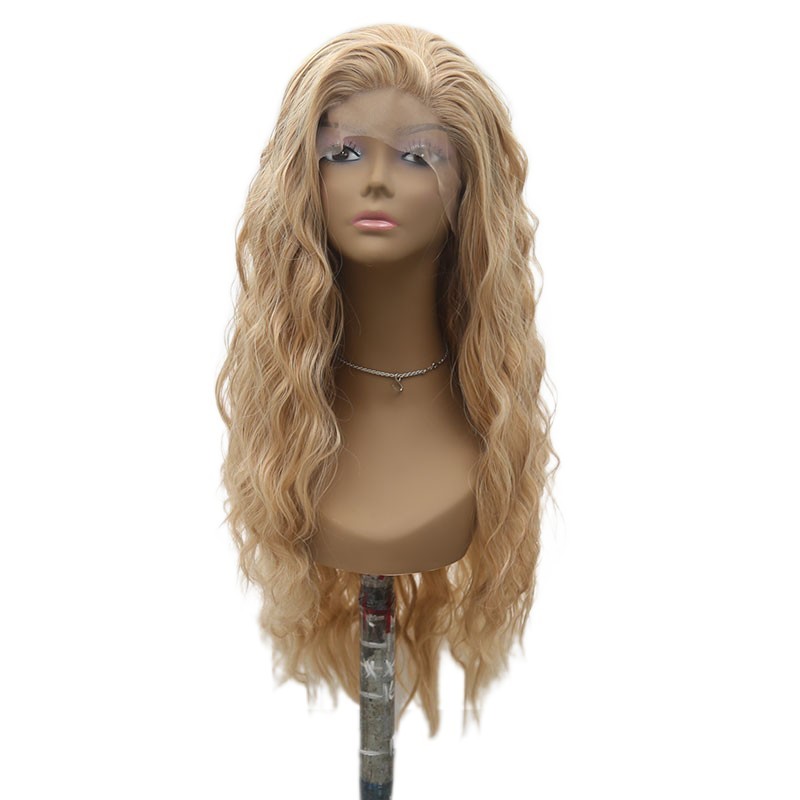 Women Long Wavy Lace Frontal Wigs Heat Resistant Hair Mixed Blonde Pre Plucked