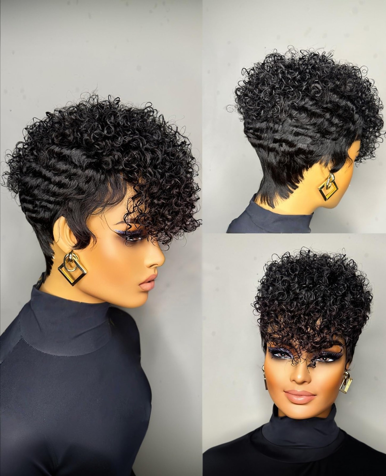 Short Layered Pixie Cut Human Hair Wig for Women – Curly Bangs, Glueless, Natura