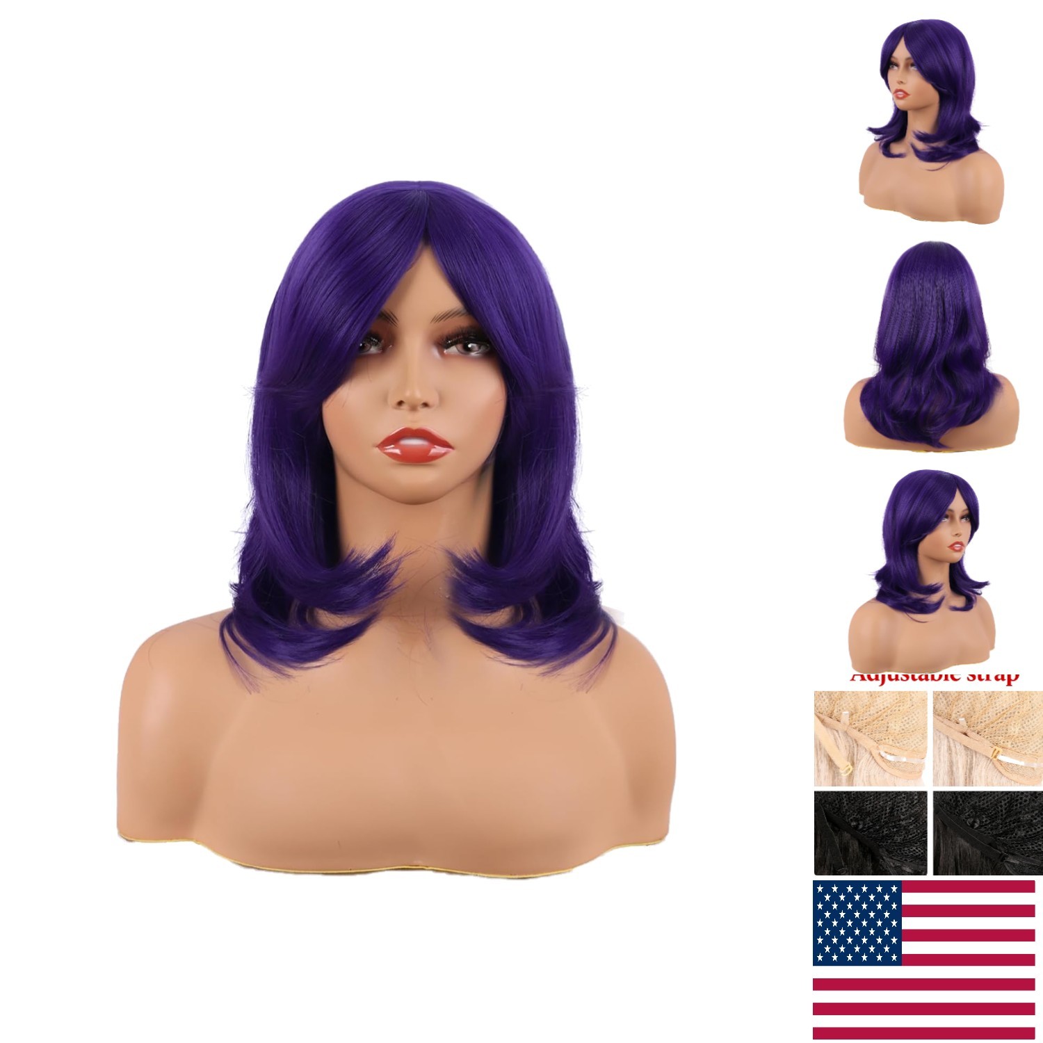 18-Inch Layered Bangs Dark Purple Synthetic Fiber Wig: Heat Resistant Elegance