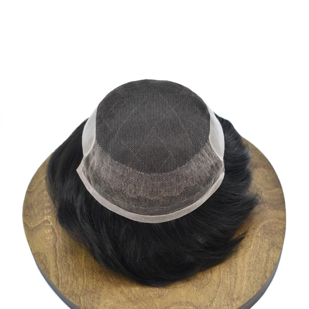 Mens Toupee Human Hair Replacement System French Lace Front Poly Skin Hairpiece