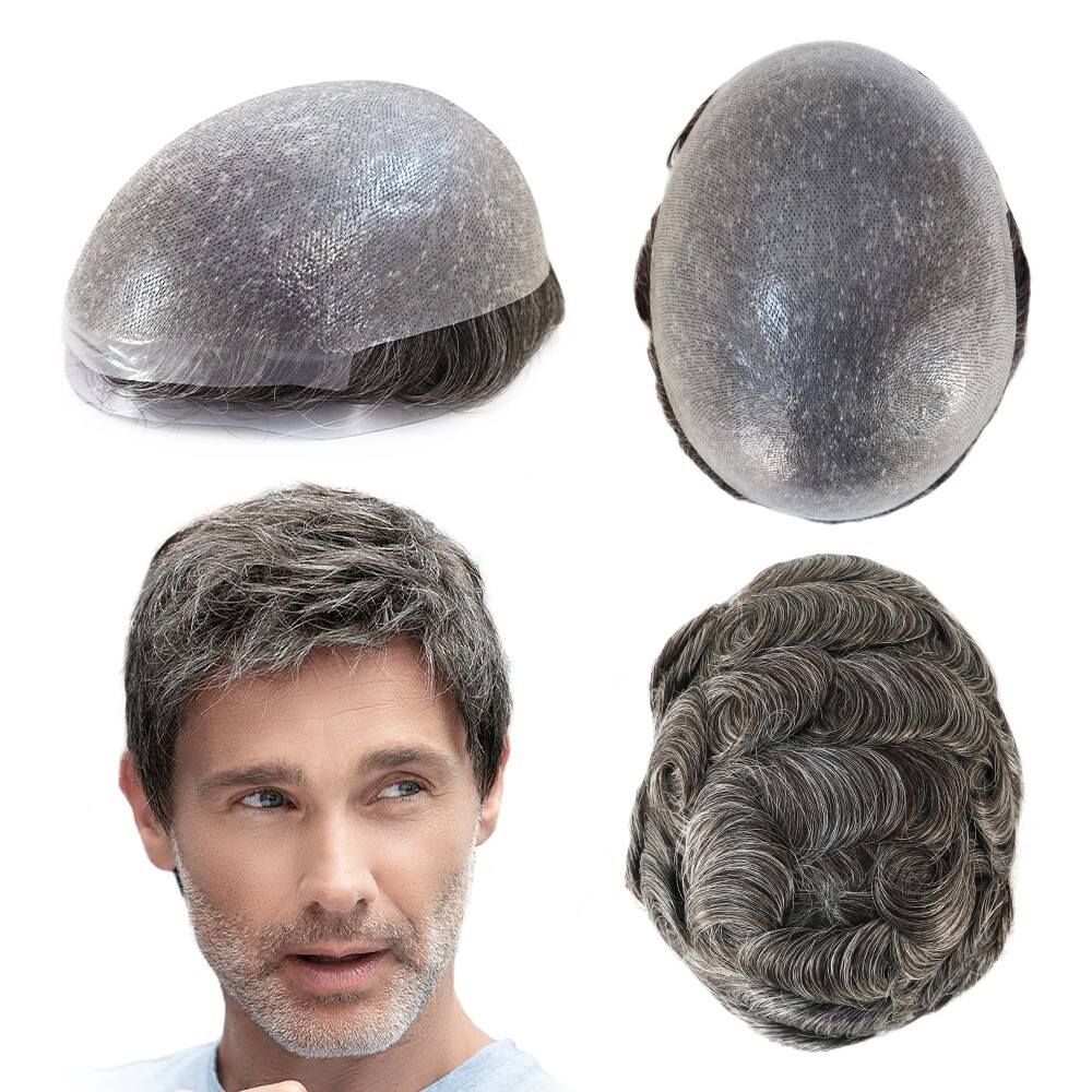 Mens Toupee Human Hair Replacement System 0.05mm Thin Skin BIO Hairpieces #1B40